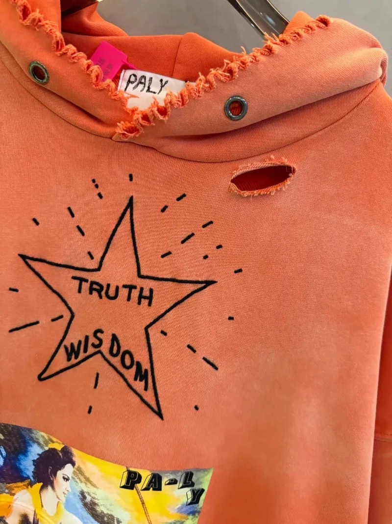 Paly Hollywood Embroidered Letters Hooded Sweatshirts Men Women Best Quality Washed Retro Hoodies
