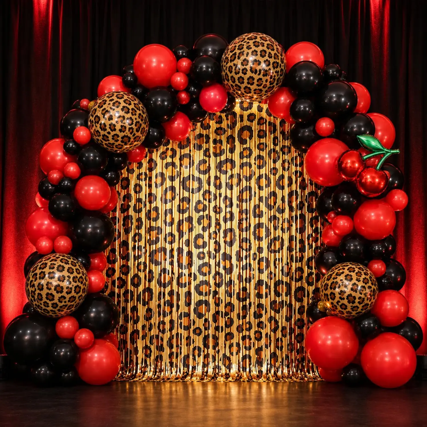 Geburtstagsdeko-Set mit Ballonbogen im Cheetah-Print, 124 Teile |   Schwarze und rote Kirsch-Leopard-Ballons mit Quasten-Hintergrund, geeignet für Damen-Geparden-Kirsch-Partydekoration.