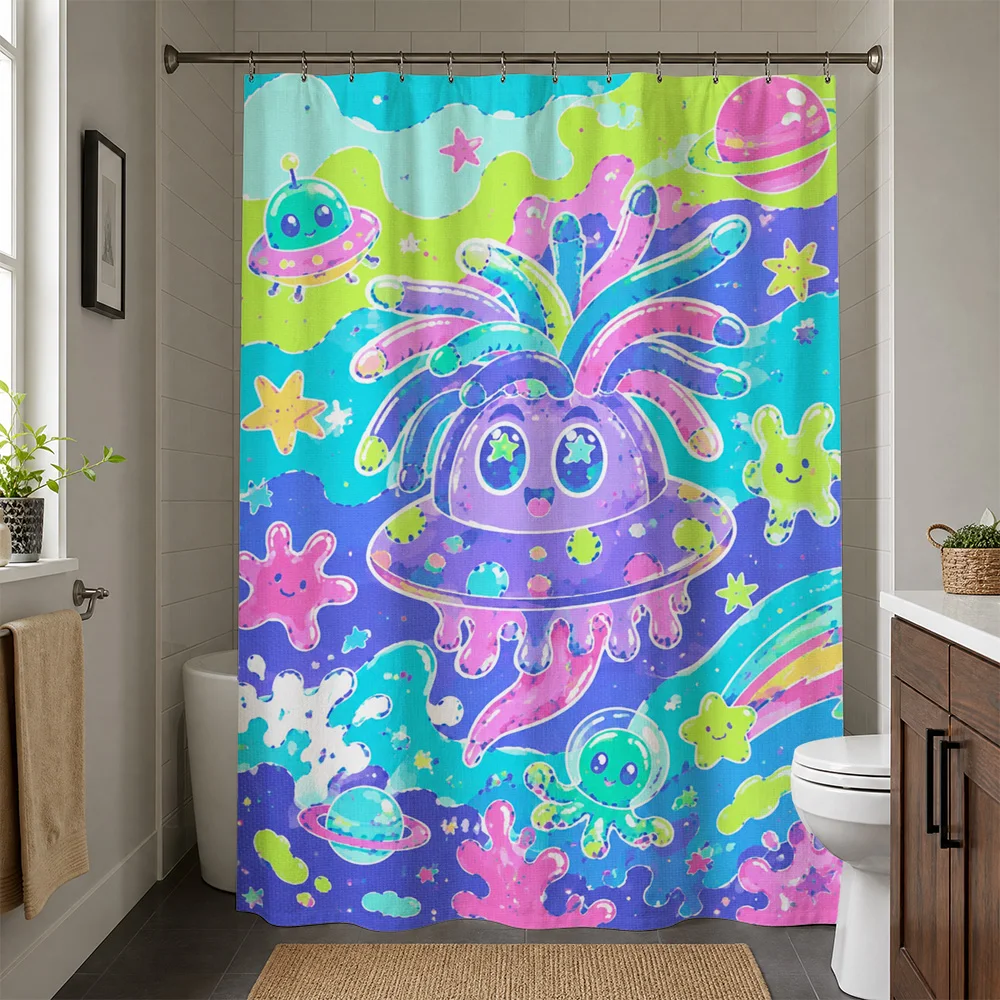 Fun Colorful Space Alien Galaxy Shower Curtain Bathroom Decor Cute Kids Nursery Bath Curtain