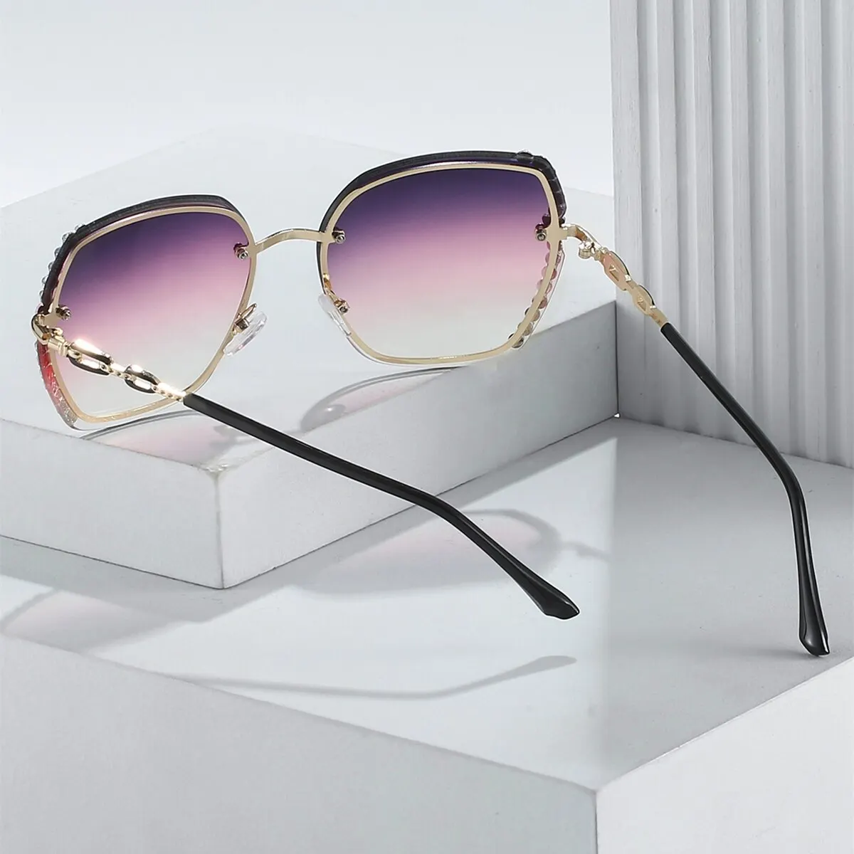 Gafas de Sol de moda sin montura de diamantes de imitación para mujer, gafas de sol con gradiente casual para verano, UV400