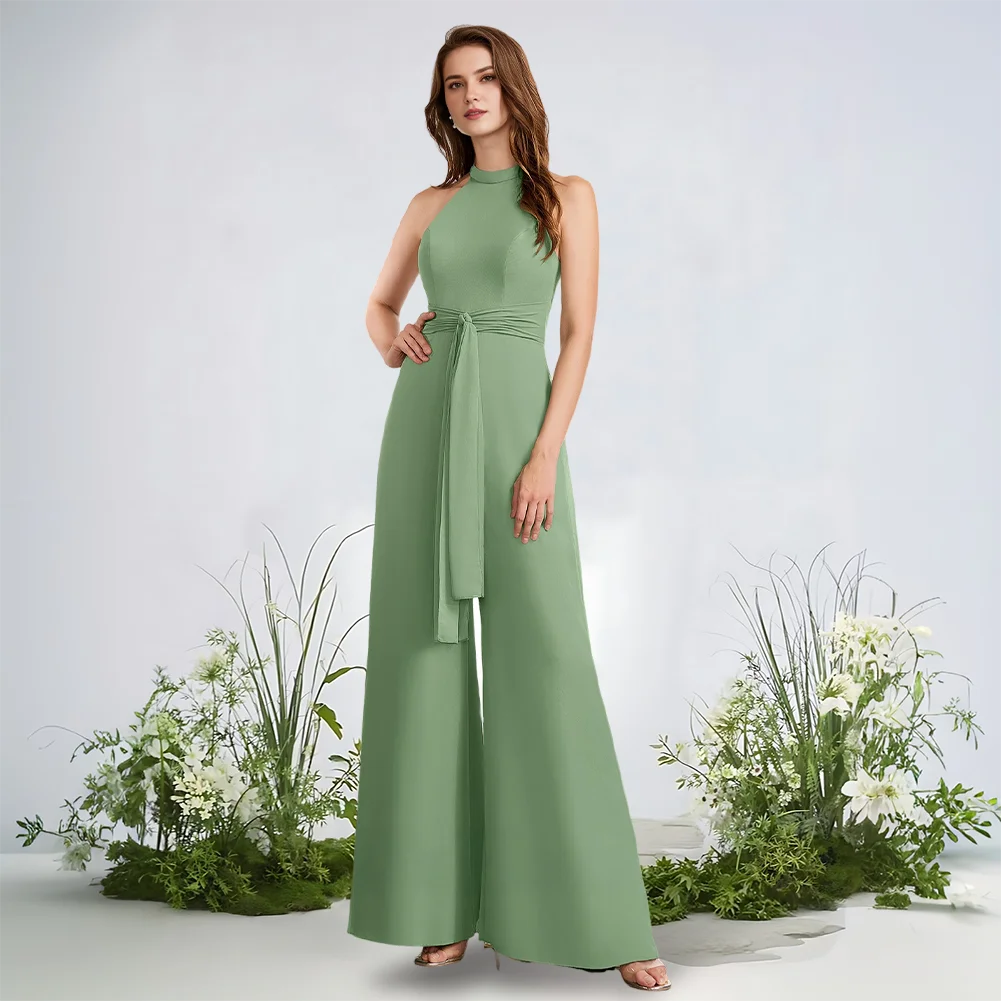 

Sage Green Jumpsuit Pantsuit High Neck Floor-Length Chiffon Bridesmaid Dresses With Bow Wedding Party Evening Guest Cocktail