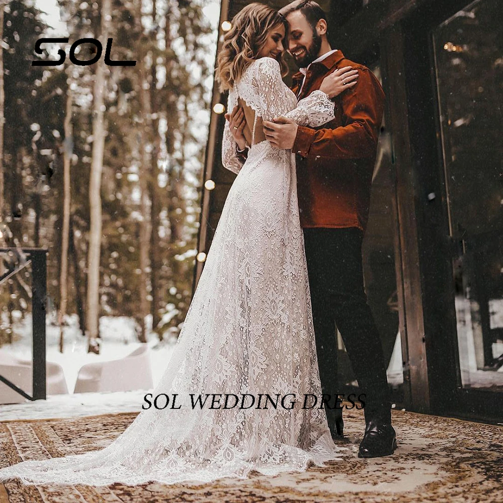 Sol Boho Lange Mouwen Bloemen Kant V-Hals Trouwjurk Elopement Holle Schede Mo Parels Rustieke Rugloze Zeemeermin Bruidsjurk