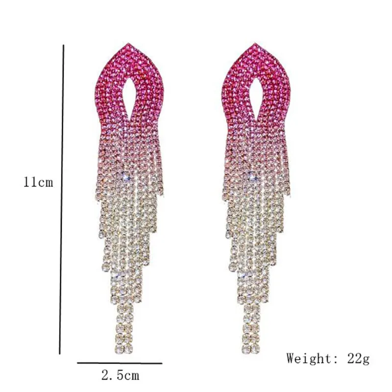 Shiny Rainbow Color Crystal Earrings for Women Long Tassel Pink Rhinestone Dangle Earrings Ladies Bride Weddings Jewelry
