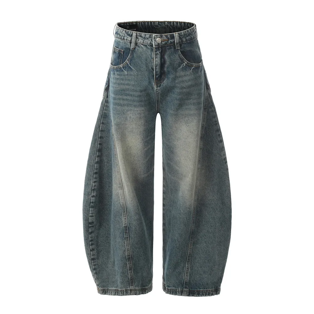 

2025 New Mens Jeans Japanese Streetwear Washed Distress Scimitar Design Jeans Summer Fashion Casual Baggy Wide Leg Trousers Male