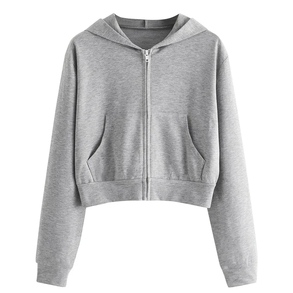 Solid Zip Up Hoodie Drawstring Long Sleeve Kpop Hooded Sweatshirt For Women Kawaii Harajuku Cropped Hoodie Sudaderas Para Mujer