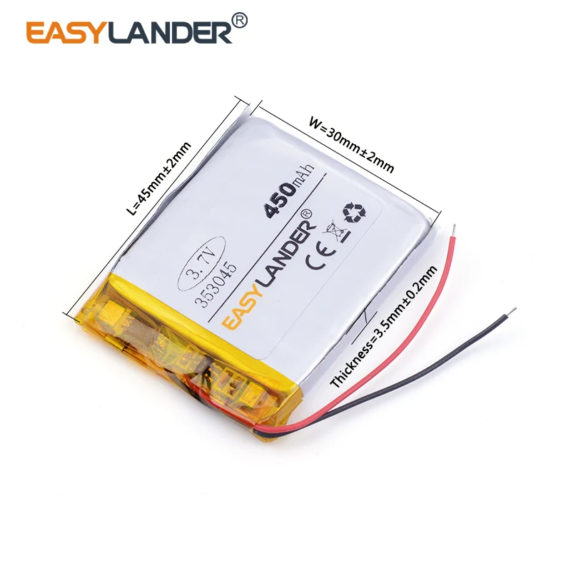 10pcs /Lot 3.7v Rechargeable  lithium Li ion polymer rechargeable battery 353045 450mah  MP3 MP4 MP5