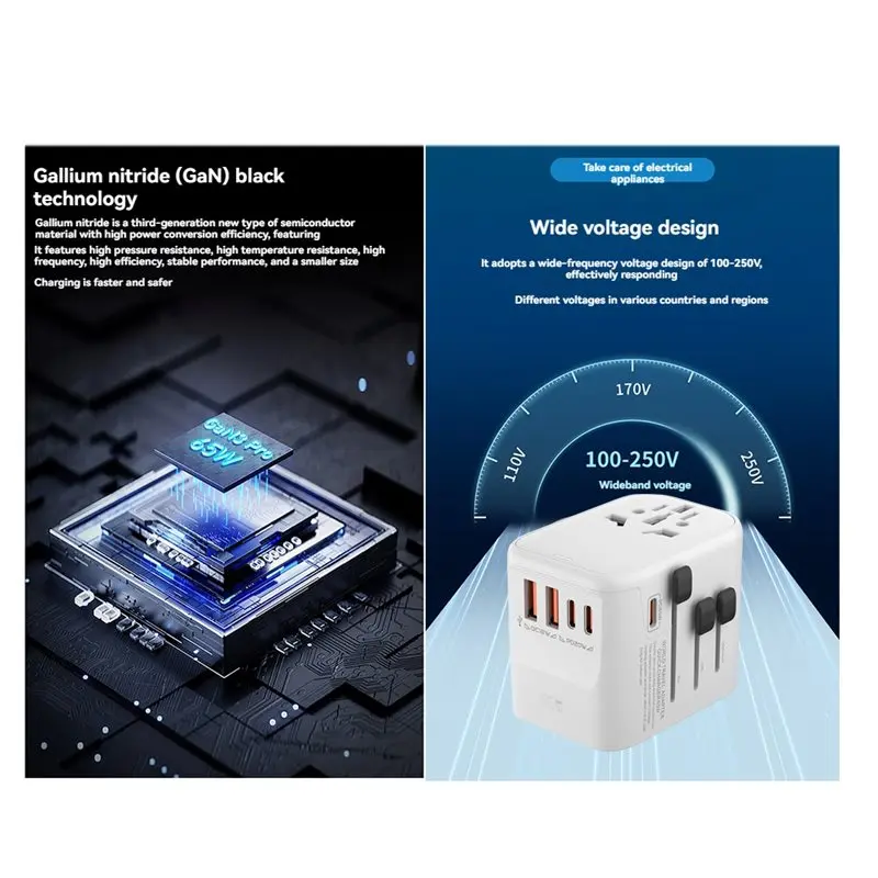 A98T 2X Gan65w International Travel Adapter With 2USB 3 Type C Gan Fast Charging Adapter With EU AU US UK Plug White