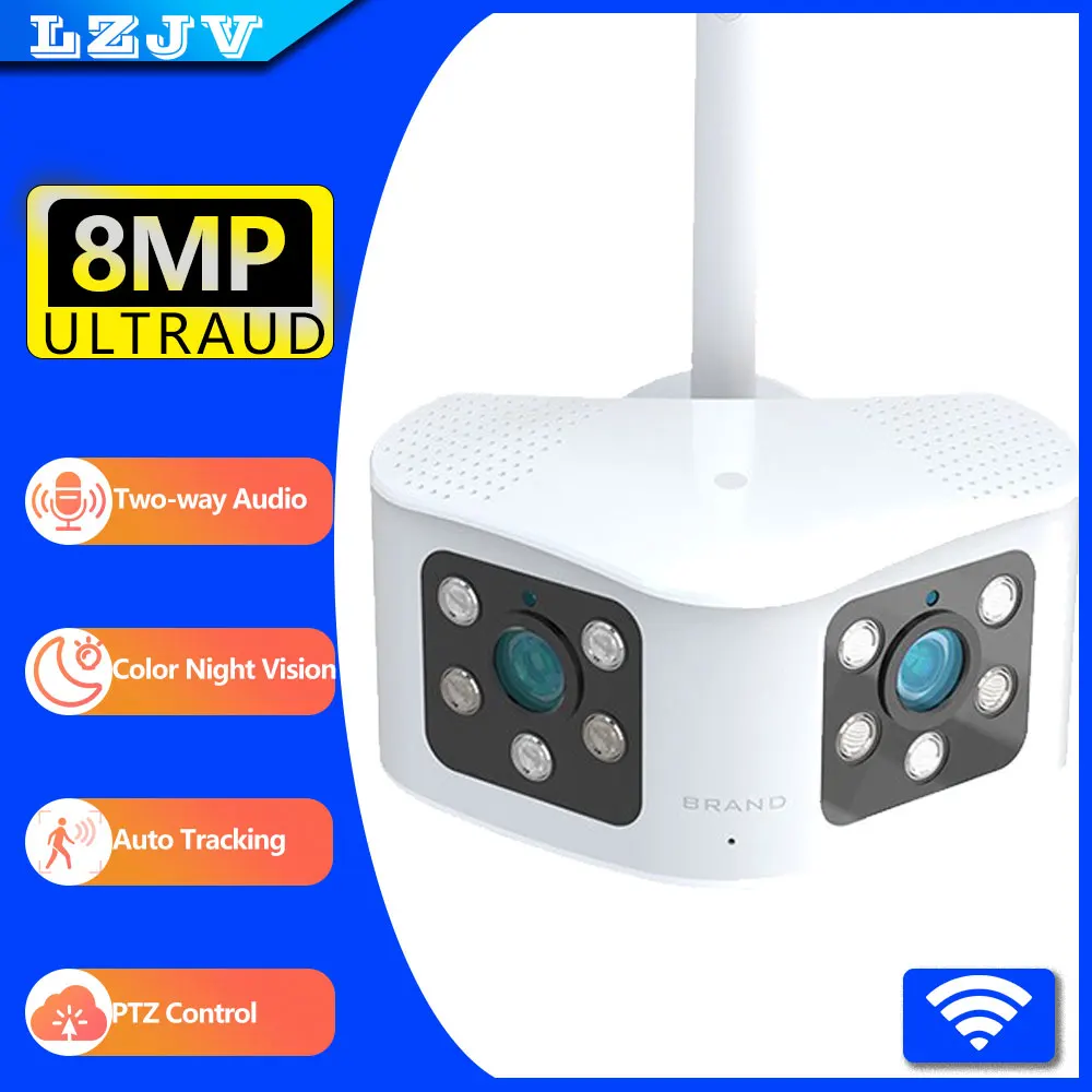 

LZJV 4K UHD 8MP WIFI Dual Lens Panoramic Camera Outdoor Full Color Night Vision Mini CCTV Surveillance Camera Wireless IP Cam