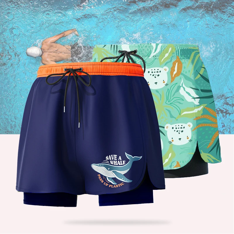 

(XL-5XL) Быстросохнущие двухслойные детские плавки для мальчиков, плавание, серфинг, дайвинг, подводное плавание, шорты для водных видов спорта, пляжная одежда для подростков