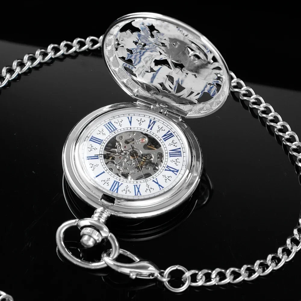 Argento Hollow Two Fish Design manuale meccanico orologio da tasca blu Romen numeri orologio viso ciondolo collana orologio uomo donna