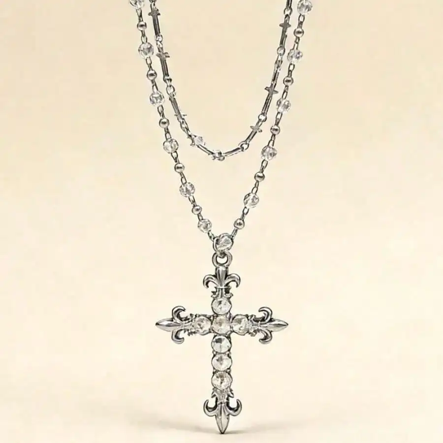 

Silver-Tone Fleur-de-Lis Cross Pendant Necklace with Crystal Beads