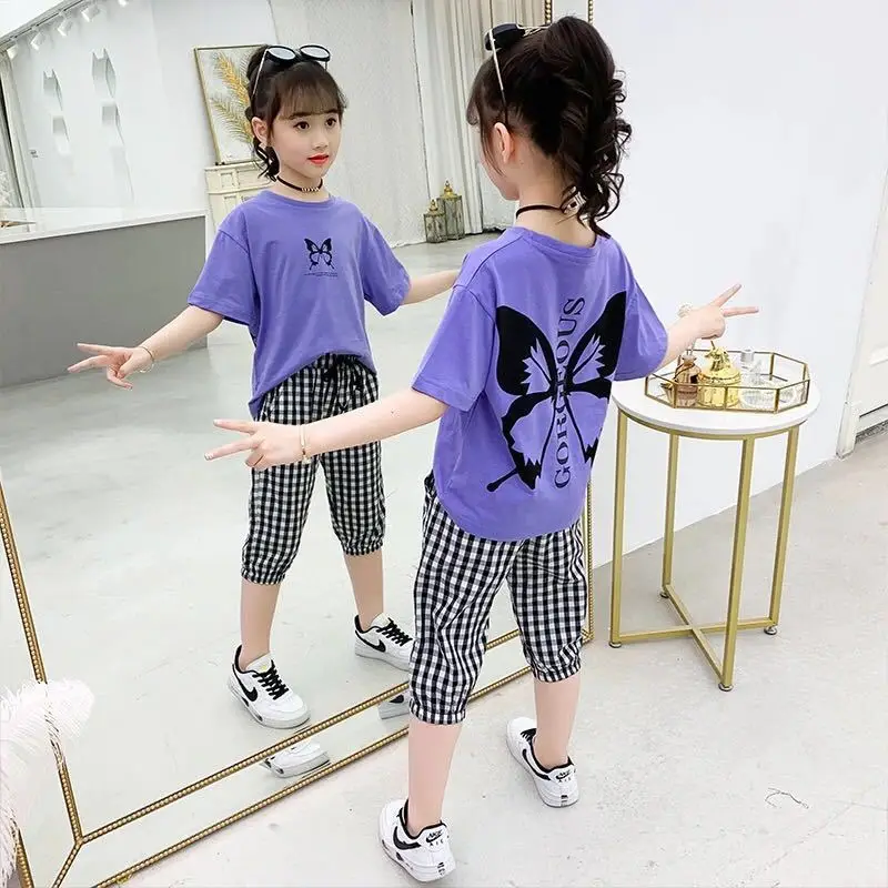 Girls 2024 Summer New Fashion Trendy Short Sleeve Suits 4 6 8 10 12 14 Years Youth Teenage Girls Korean Style 2Pcs Tees Clothes