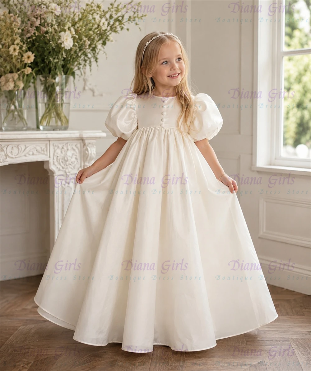 Quality Lovely Ivory Satin Fluffy A-Line Flower Girl Dress For Kids Wedding Birthday Party Ball Evening Gowns Customizable