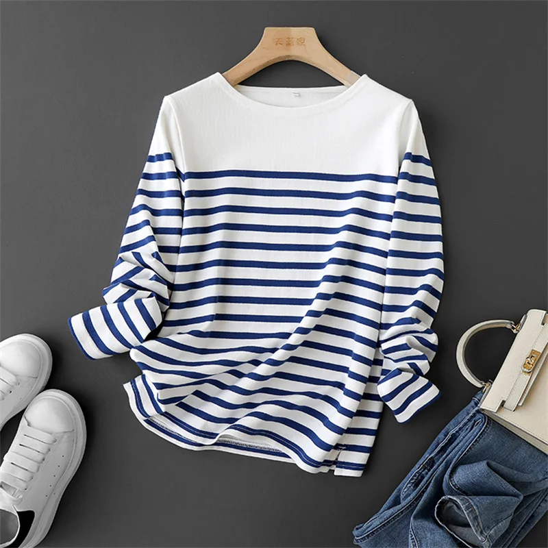 

Extra Large Size Organic Cotton Striped Classic round Neck Long Sleeve T-Shirt Women's Fashionable Versatile Summer Top