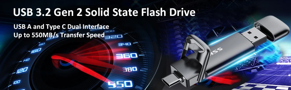 SSK Portable SSD USB Drive 550MB/S High-speed External Solid State Drive 2TB 1TB 2-in-1 Type C USB 3.2 Dual Drive for Laptop Mac