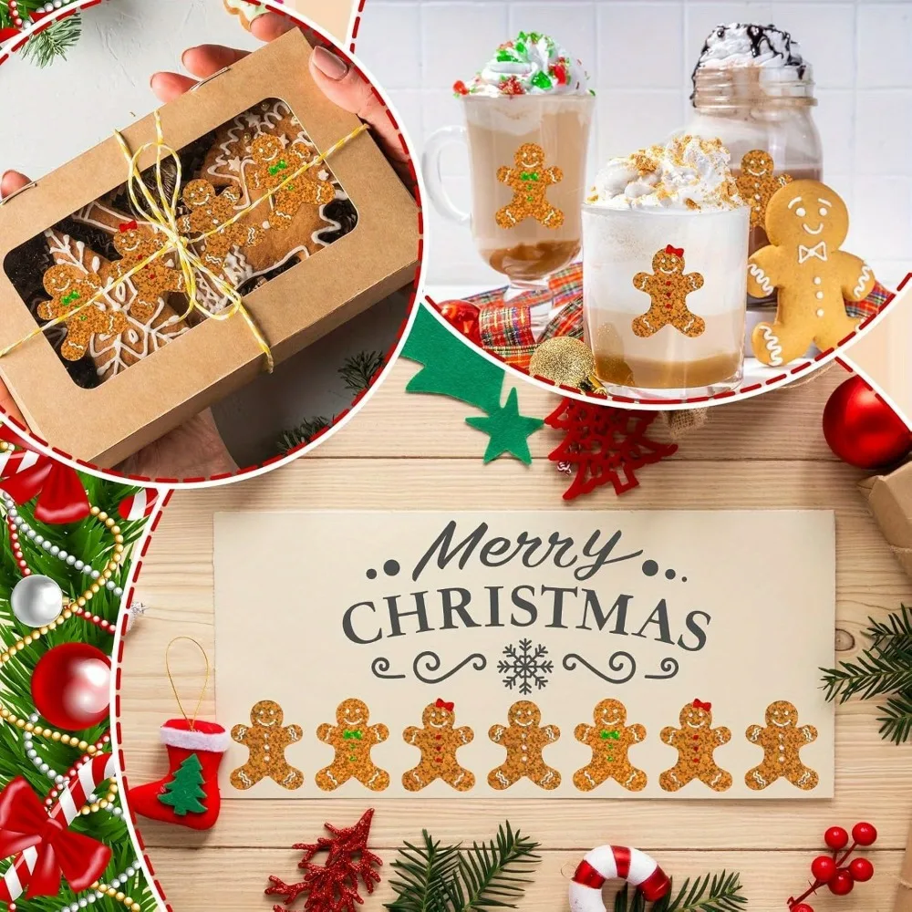 500pcs 1Roll Christmas Glittery Golden & Gingerbread for Man Stickers Roll for Gift Wrapping Cards Envelopes & Party Decorations