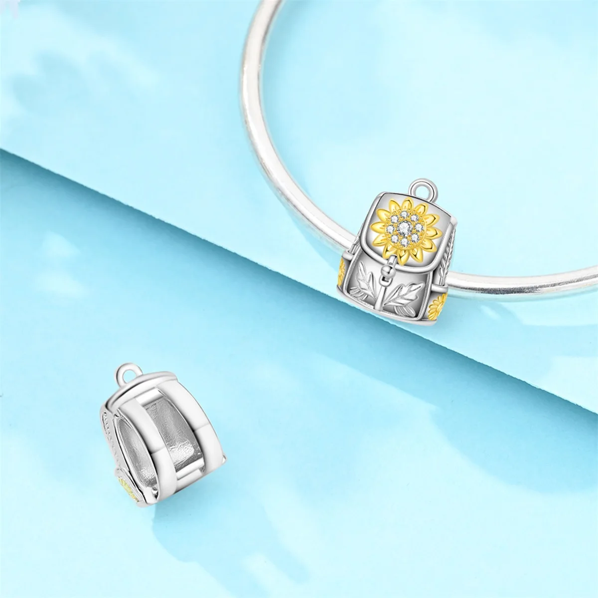 Two Tone 925 Sterling Silver Sunflower Backpack Charm Bead Leaf Pattern Dangle Pendant Fit Bracelet DIY Jewelry Gift for women