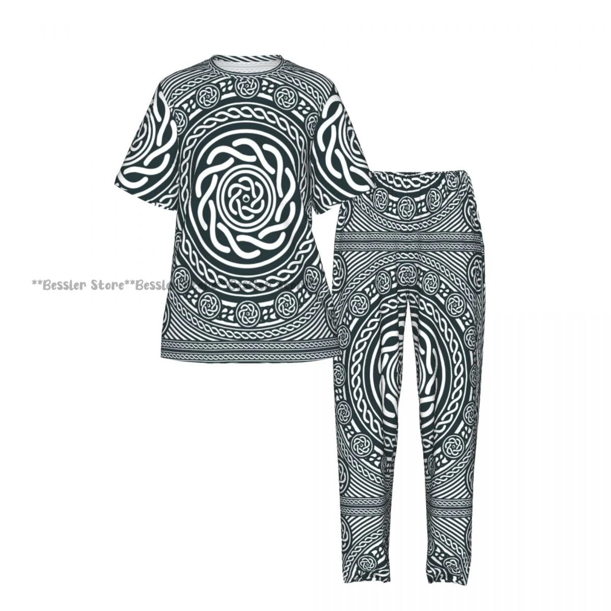 Women's Comfort Pajamas Women's Abstract Black And White Celtic Mandala Short Sleeve Set Sleepwear