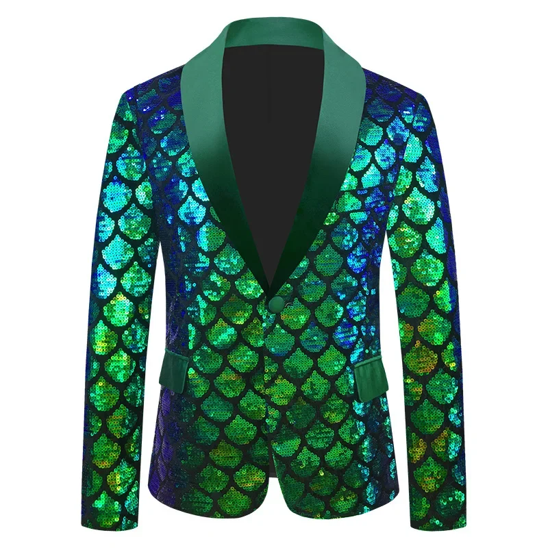 Velvet Phantom Color Reversible Fish Scale Sequin Performance Men Blazer, Green Fruit Collar Wedding Banquet Party Dress Jacket