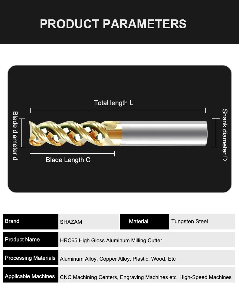 SHAZAM HRC65 3-Flöten-Fräser aus hochglänzendem Aluminium, Hartmetall-Schaftfräser aus Wolframstahl für CNC-Schaftfräser mit U-förmiger Nut – Detail 6