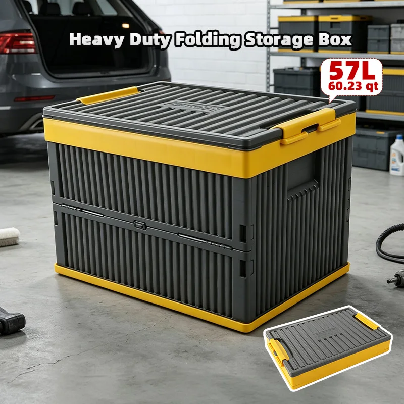 EKOA  1 Pack   57L/ 60QT Collapsible Cargo Organizer – Durable Yellow & Gray Foldable Storage Crate for Vehicle Rear Trunk,