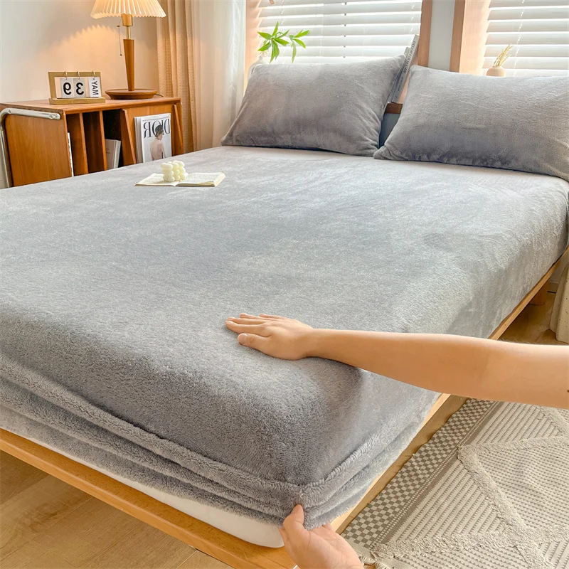 Soft Plush Fitted Sheet Warm Bedsheet for Winter Bed Cover Elastic Bed Linen Skin-friendly Sheets 침대 시트 (Pillowcase Need Order)