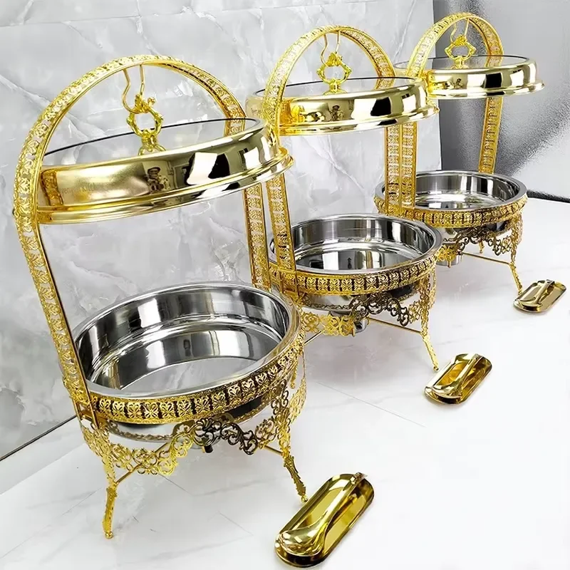 9L Gold Hanging Hinged Lid Chafing Dish Buffet Set Copper Food Warmer Butterfly Catering Stainless Steel Hot Pot 5L
