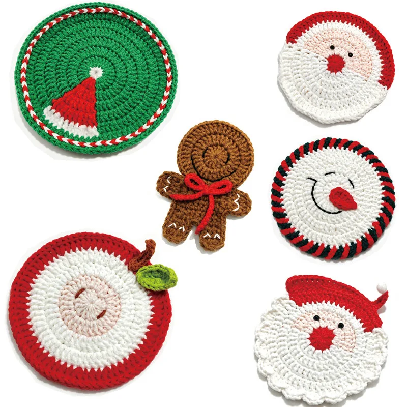 6 Pcs Handmade Crochet Christmas Coasters Set Snowman Santa Claus Gingerbread Man  Knitted Drink Coasters for Xmas Table Decor