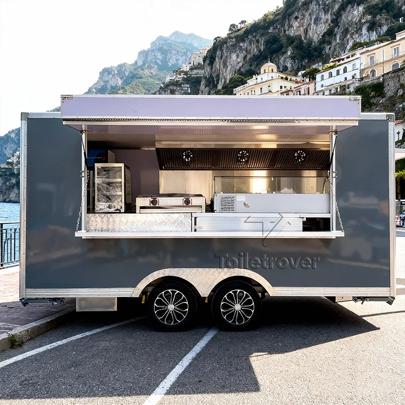 Large Mobile Kitchen Fast Food Cart Trailers Shawarma Food Truck with Full Kitchen on Wheels for Sale Shipping Container 18ft
