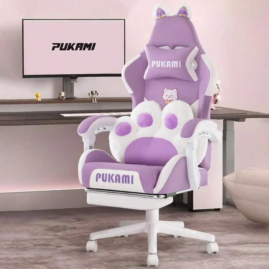 Pink Gaming Chair With Linked Armrests, Ergonomic Computer Office Chair With Lumbar Support And Footrest , Ergonomic Reclining V