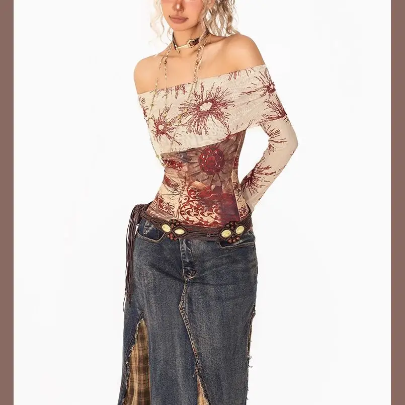 Kimotimo Boho Off Shoulder Mesh Long Sleeve Top Women Floral Print Sheer T-shirts Harajuku Y2K Vintage Slim Fit Tees Streetwear