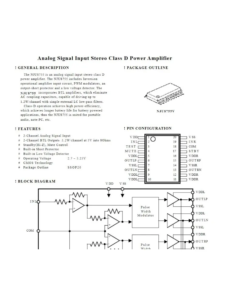 (5piece)NJU8755V  NJU8755  D-level power amplifier packaging for audio signals SSOP20