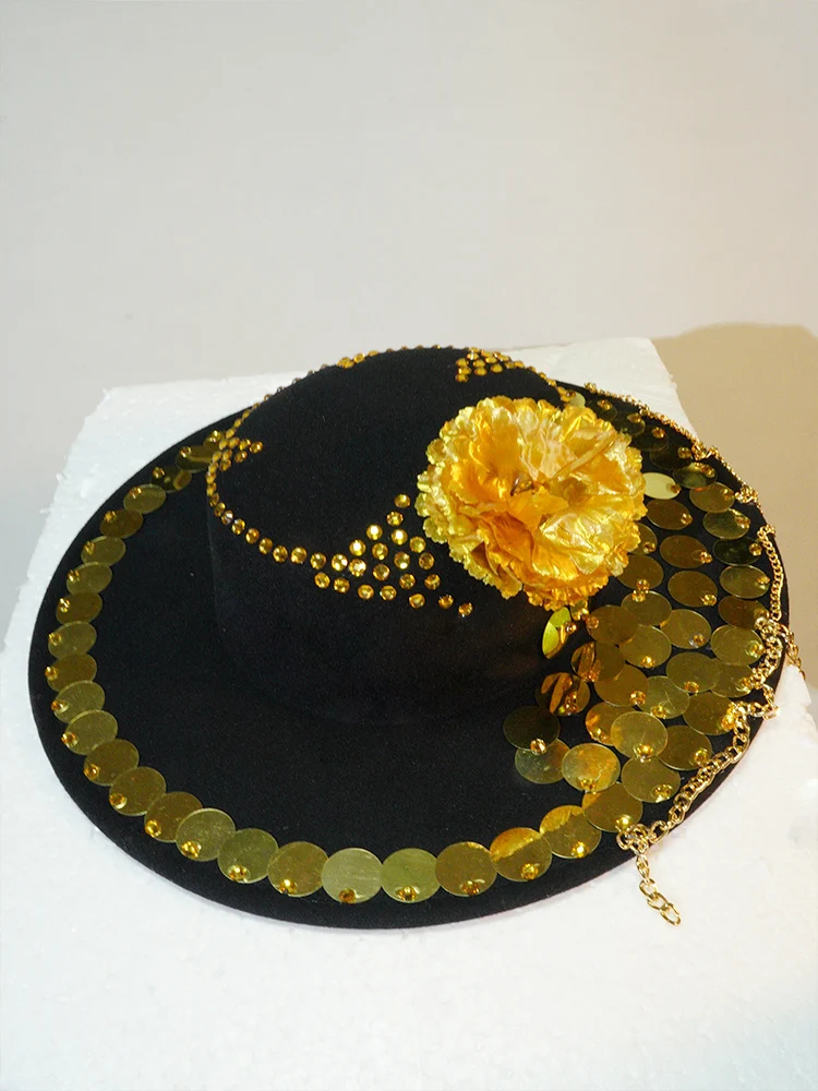 New Rhinestones Party Sequin Hat Golden Stage Accessories Birthday Performance Prom Dancer Singer Wear Collocation Queen Costume