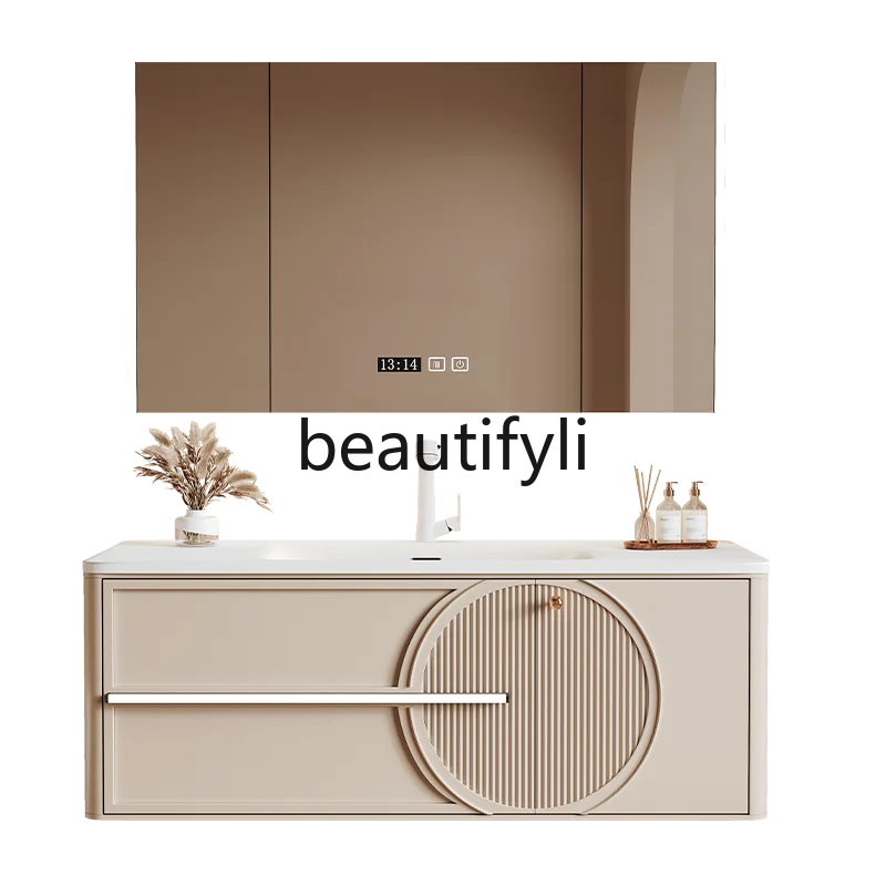 

Rock slab seamless integrated washbasin rubber wood paint modern light luxury bathroom cabinet combination