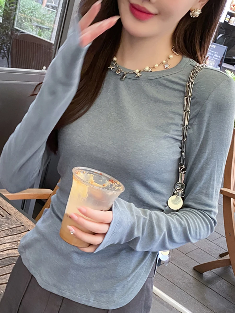 

Легкий вязаный круглый вырез, удлиненный свитер-футболка женский, облегающий, базовый, однотонный, из мягкого хлопка, повседневный топ