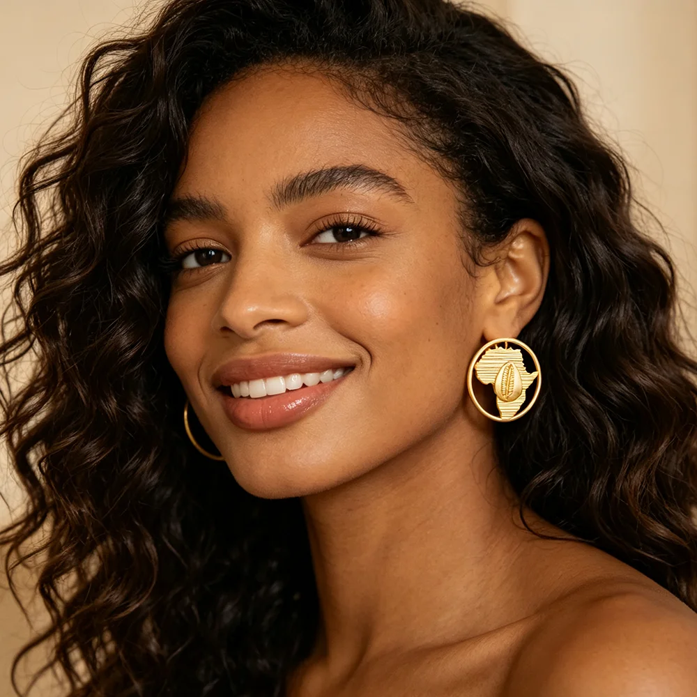18K Gold Plated Africa Map Cowrie Shell Earrings Ring Set Women Vintage Ethnic Wedding Party Accessories Gift