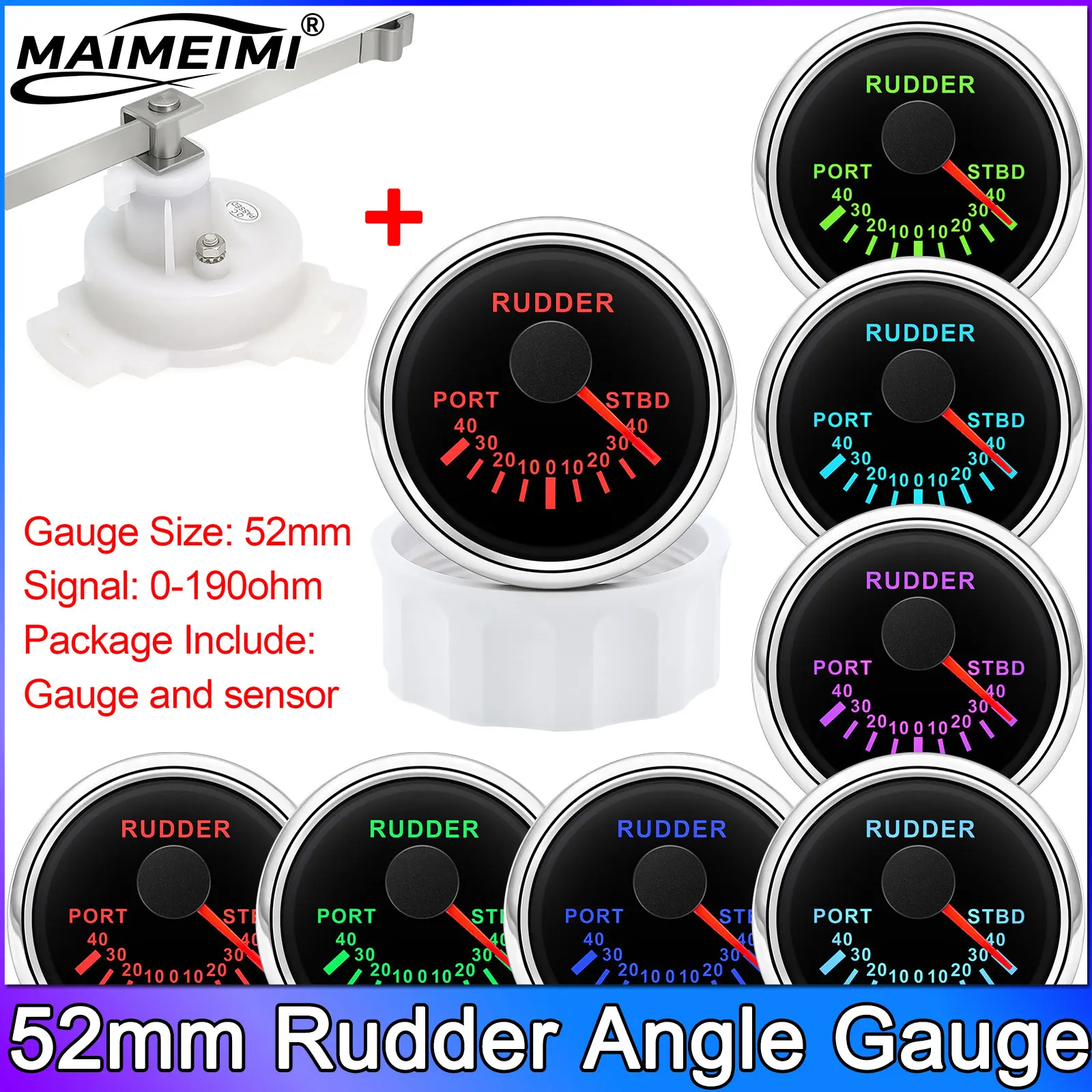

52mm Rudder Angle Indicator Gauge 0-190 Ohm with Rudder Angle Sensor Adjustable 7 Color Backlight 12V 24V for Car Boat Marine