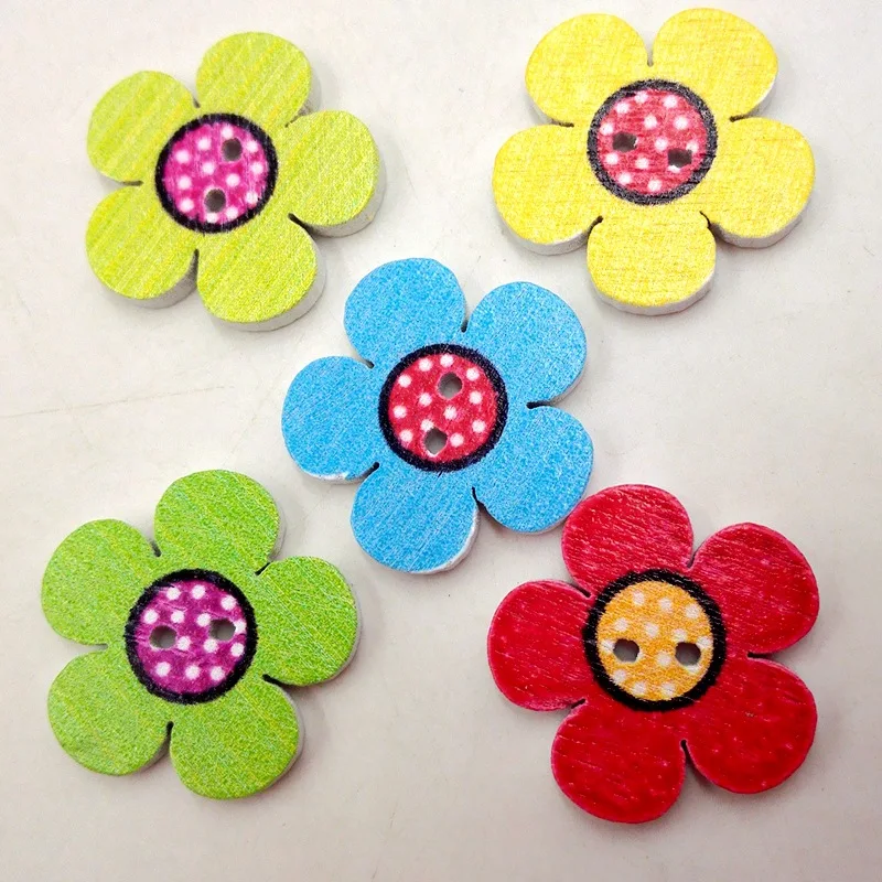 Cinco botones de flor de ciruelo de 2 cm, botones de madera con estampado de girasol, botones de bricolaje de madera 100 en un paquete.