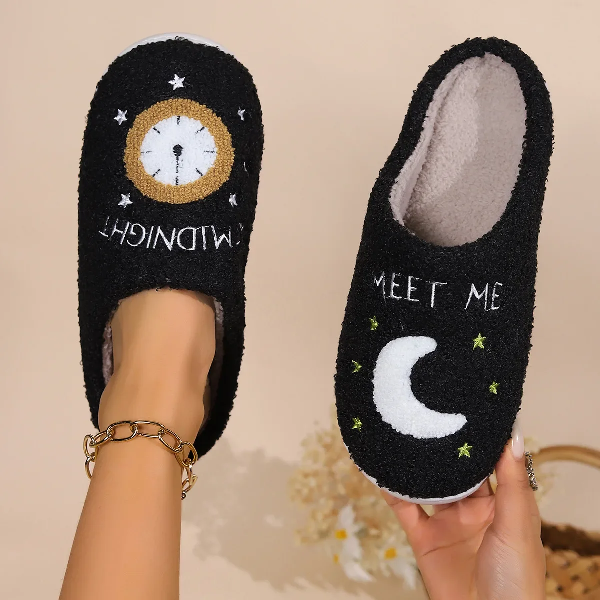 Slippers Winter Fashion Warm Cushion Slides Meet Me At Midnight Soft Comfortable Flat House Slipper Funny Shoes Zapatos De Mujer