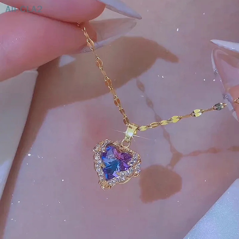 Fashion Ocean Heart Necklace Heart Angel Wings Colorful Crystal Pendant Chain Necklace Wedding Jewelry Gifts For Women Girls image 2