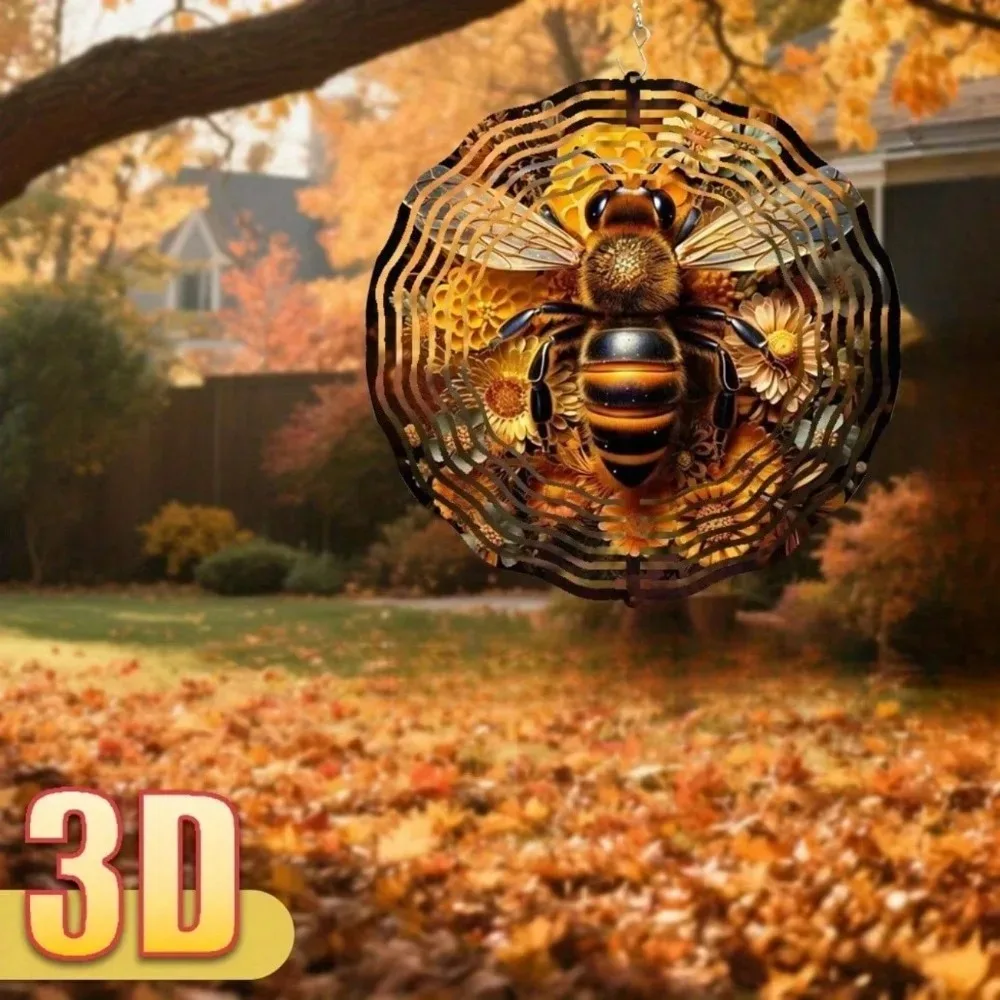 CIFbuy 3D Bee Flower Wind Spinner 360° Rotatable Kinetic Hanging Decor for Yards Vivid Lively Garden Ornament with Hook