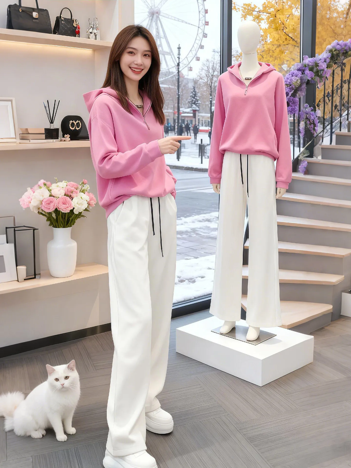 

Элегантный повседневный комплект из худи и широких брюк: новая модель для весны и осени, модный женский образ, удобный и дышащий