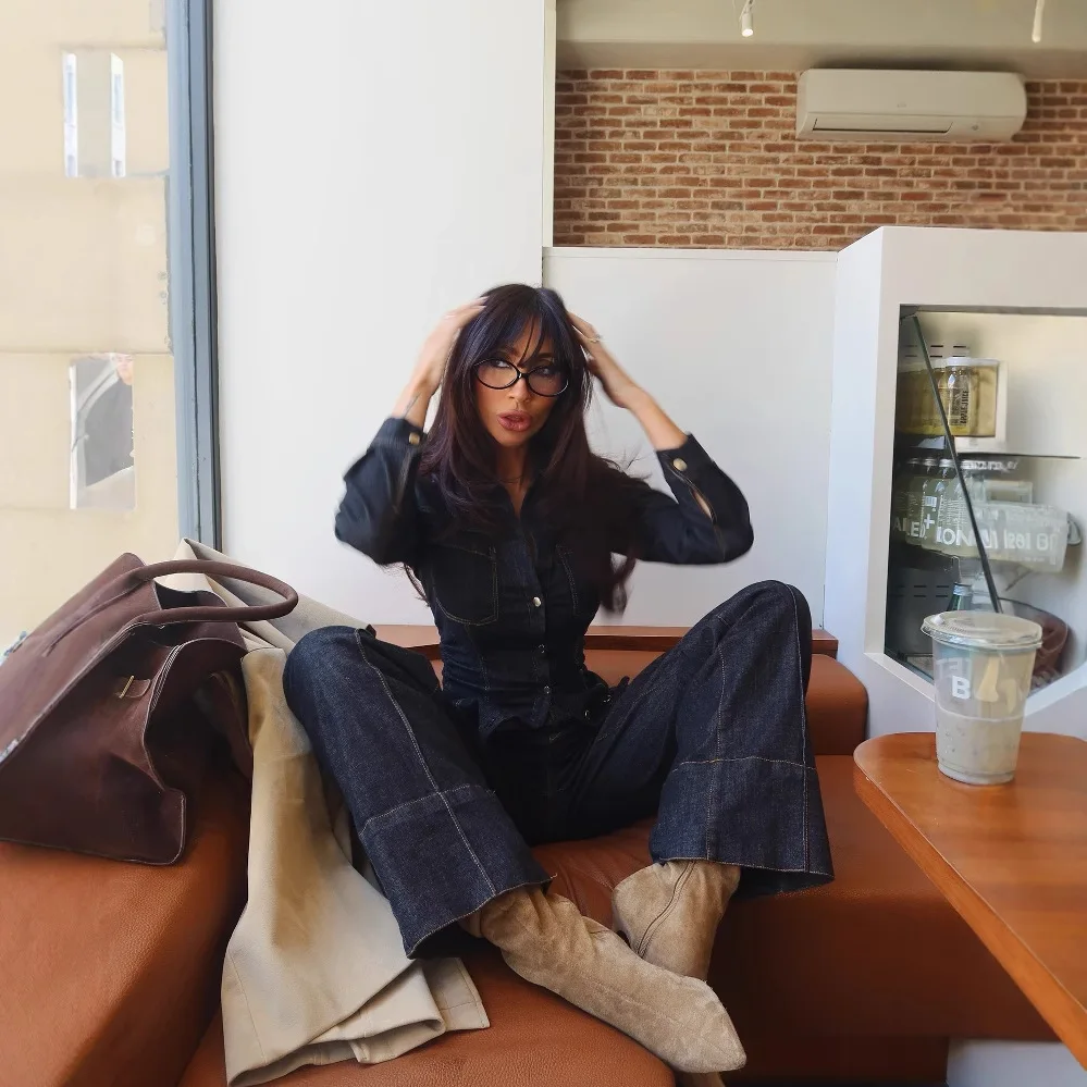 

Denim Jeans Suits Women Waist Up Lapel Single Breasted Long Sleeve Coat Wide Leg Pants Spring Pleat High Street Sets 2 Pieces