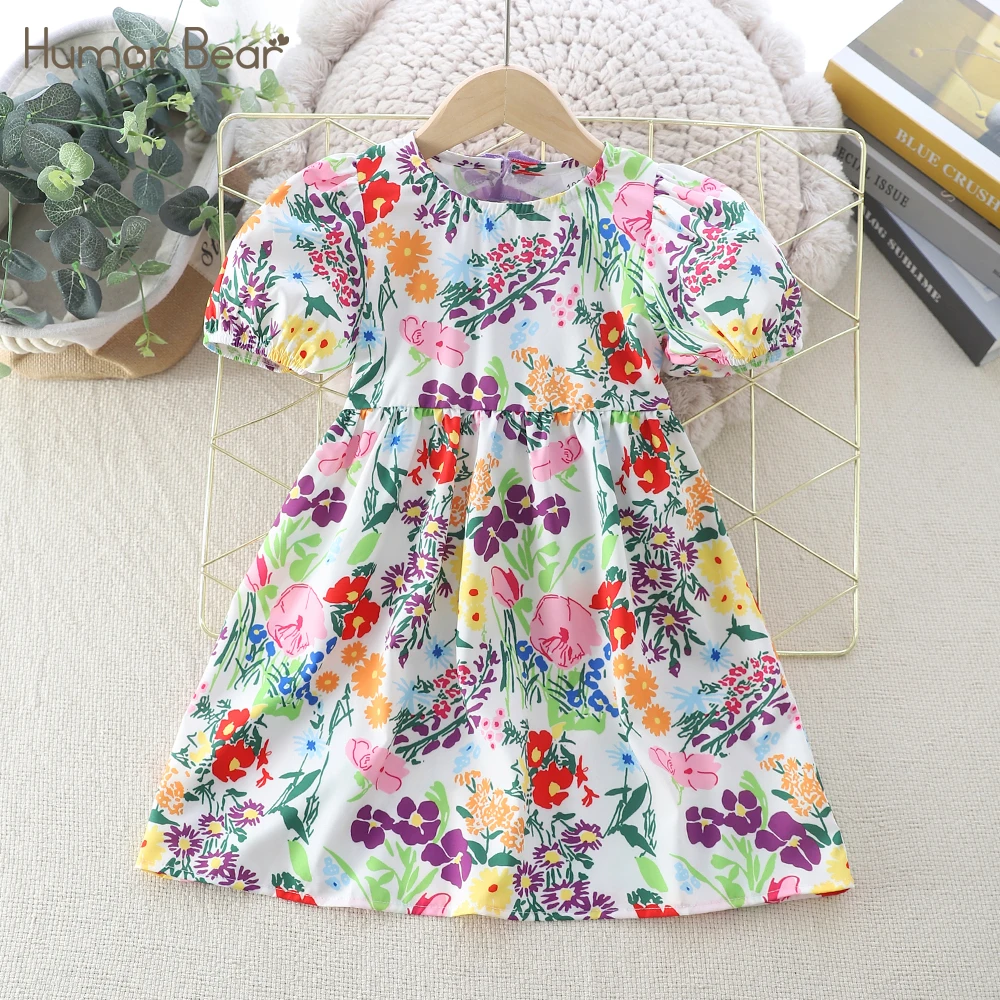 Humor Bear Round Neck Floral Printed Puff Sleeves Beige Lace Edge Bowknot Princess Dress Children Clothes