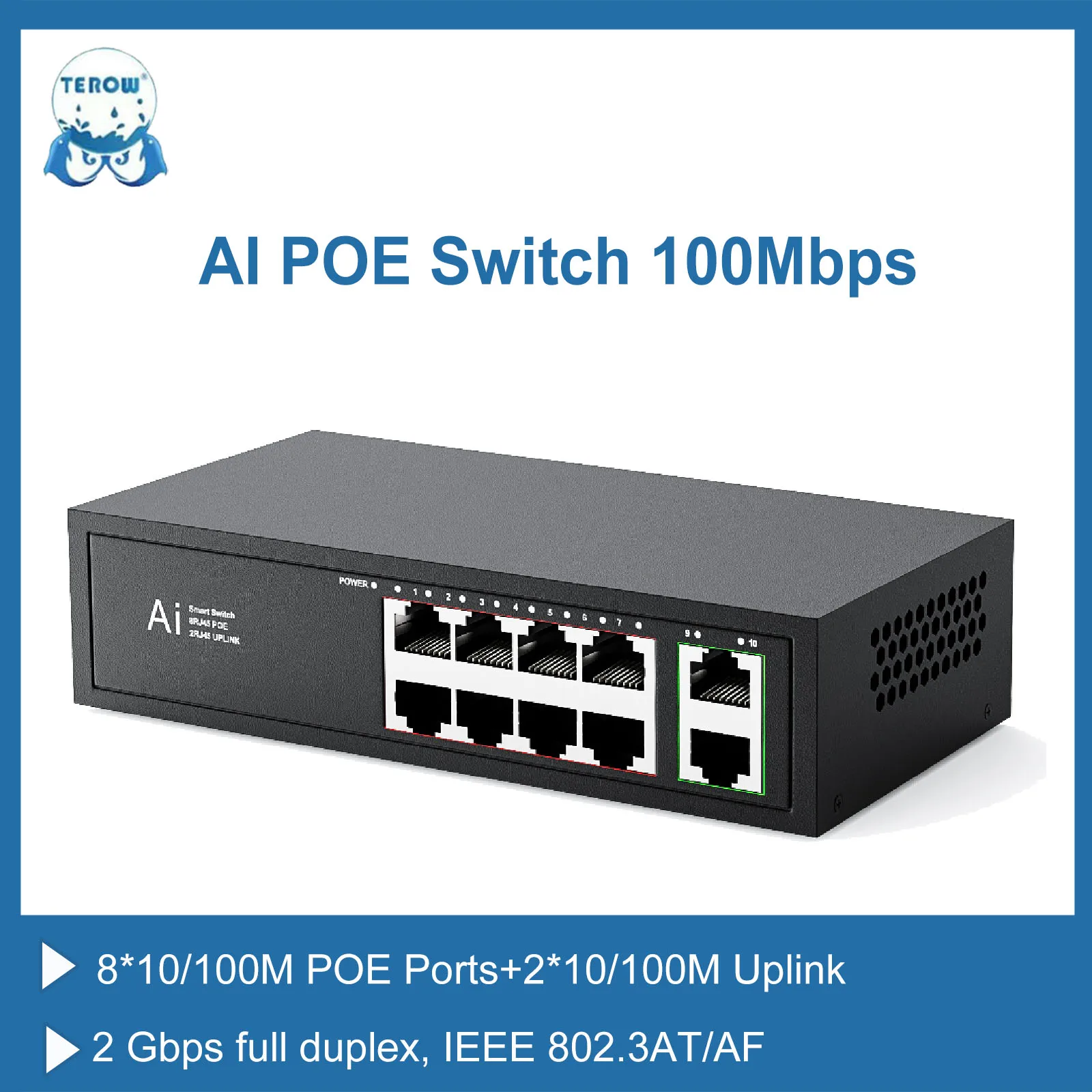 

TEROW POE Switch 10 Ports 10/100Mbps Ethernet Switch IEEE 802.3AT/AF Smart Switch POE Network Splitter for Wifi Router IP Camera