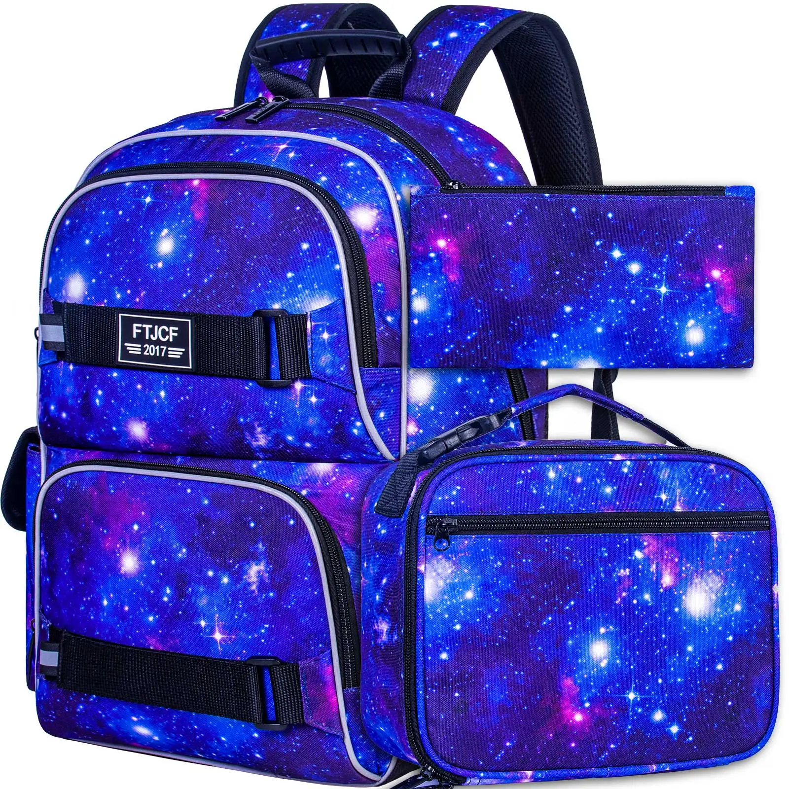 3PCS Galaxy Laptop Backpack, 17 Inch Boys School Bookbag Teen College Water Resistant Kids Backpacks with Lunch Box Set