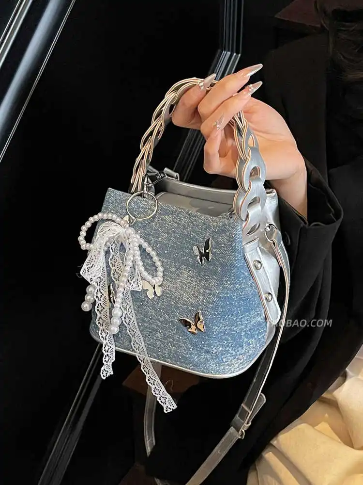 حقائب دلو فاخرة من قماش الدنيم للنساء جديدة متعددة الاستخدامات للتنقل من الماس اللامع حقائب كروس عصرية حقائب يد نسائية متخصصة