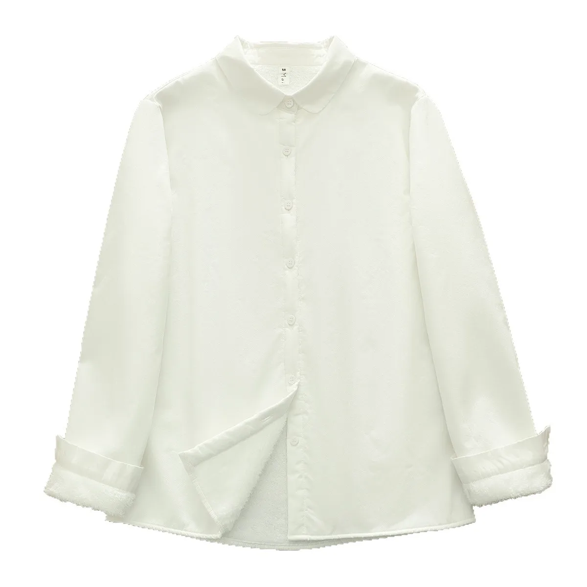 

High Quality Women Cotton Women Velvet Blouse Shirt Solid Color Ruffles Crew Neck Lace Neck Fleece Lines Thick White Shirts