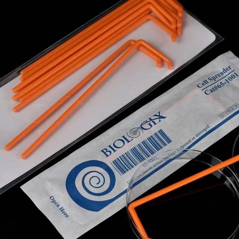 IKEME 10pcs L-Shaped Cell Spreaders Gamma Sterile Disposable Orange Coated Rods Scientific Experiment Consumables