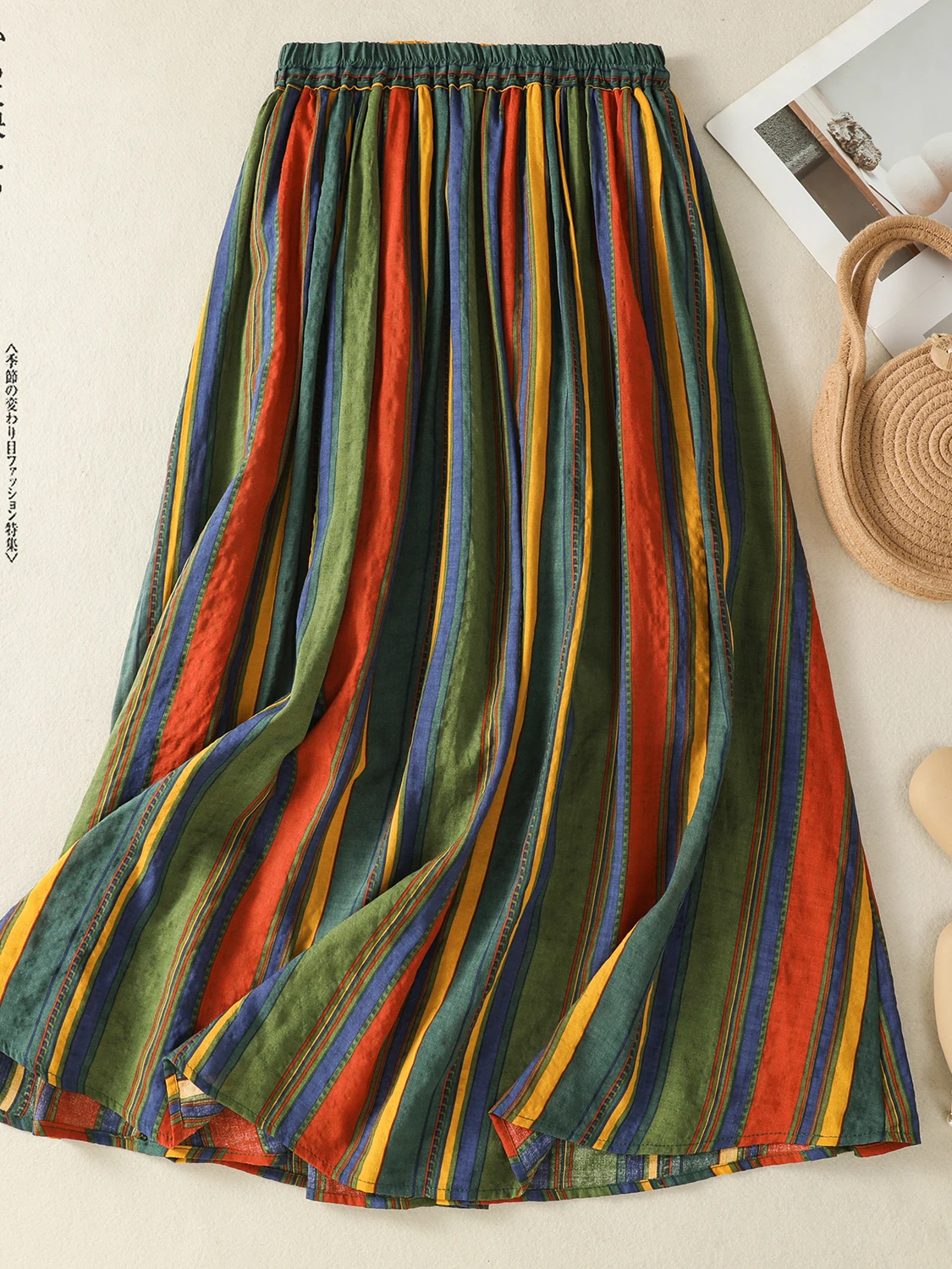 

Новинка 2025 года, длинная тонкая юбка трапециевидной формы из хлопка и льна в полоску, большие размеры, женская утягивающая летняя праздничная юбка с высокой талией